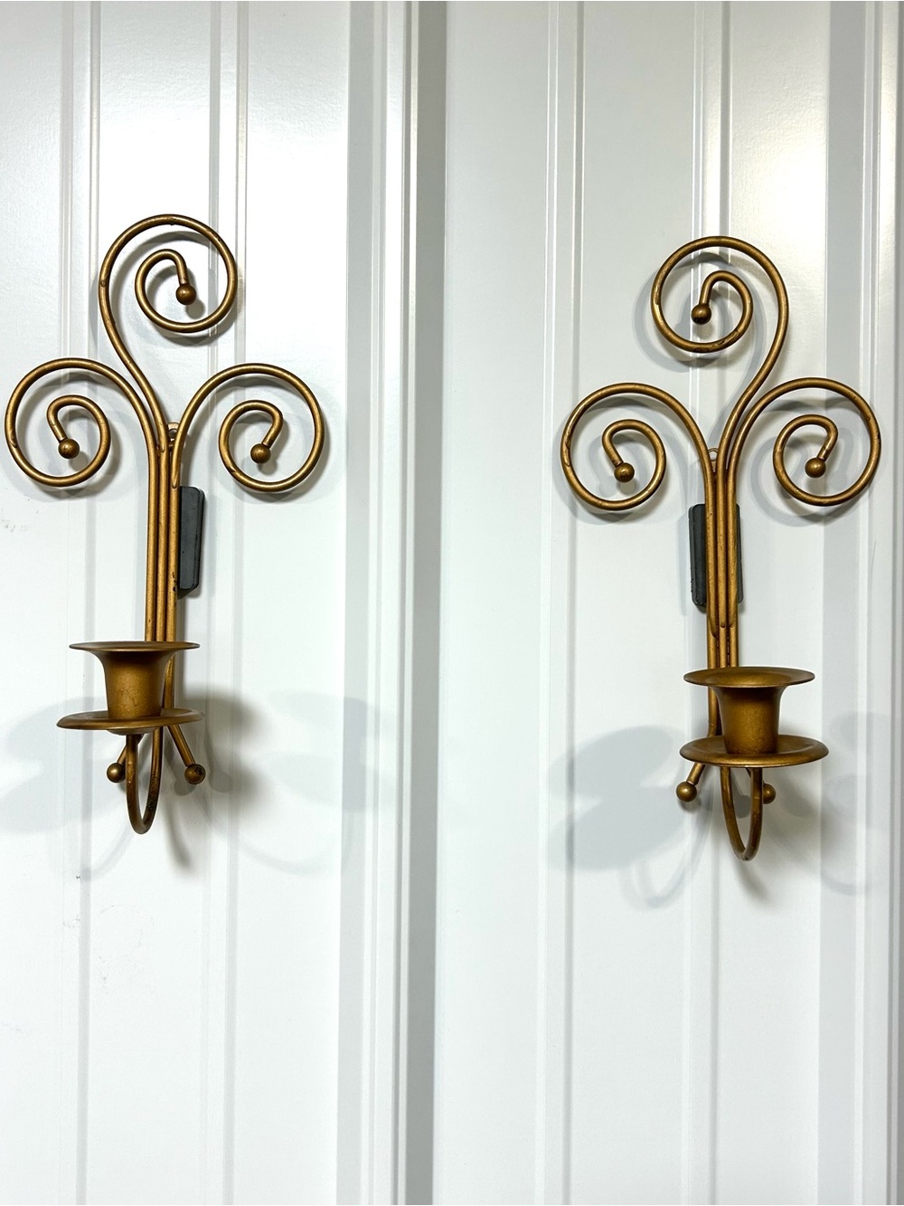 Home Interiors Vintage Antique Gold Metal Scroll Wall Sconce Pair Taper Candles